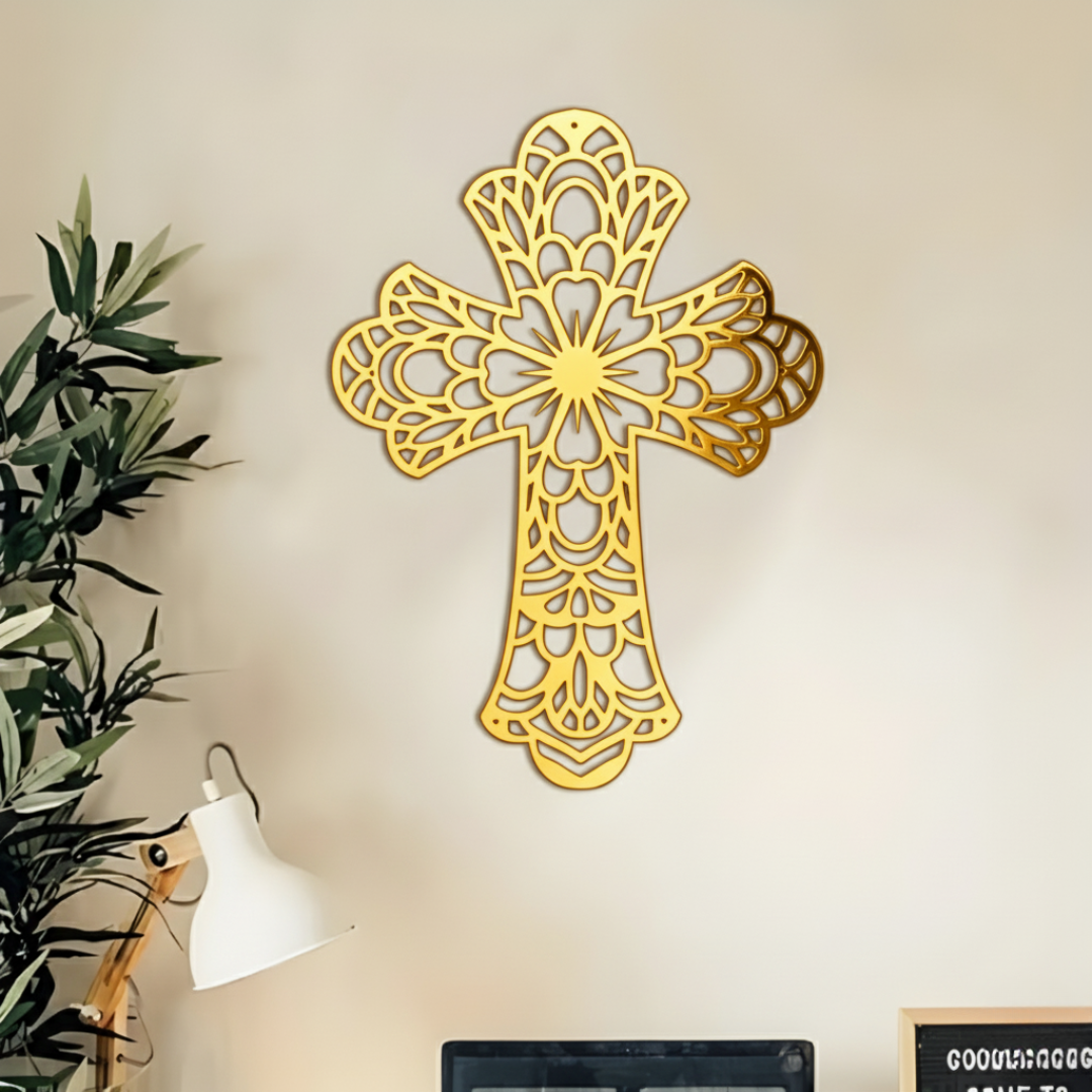 ArcDew Elegant Black Acrylic Cross – Christian Home Wall Decal UAE - arcdew.com - ArcDew special branded gold acrylic cross wall decal with intricate pattern.