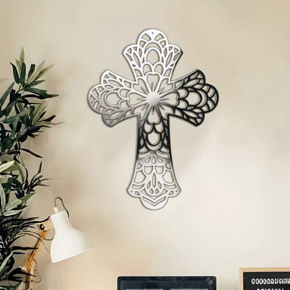 ArcDew Elegant Black Acrylic Cross – Christian Home Wall Decal UAE - arcdew.com - ArcDew special branded black acrylic cross wall decal with intricate floral design.