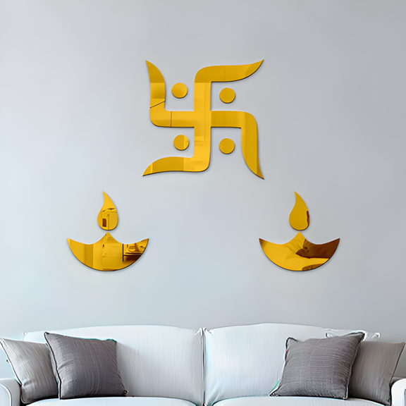 ArcDew Golden Swastika and Diya Acrylic Wall Art.