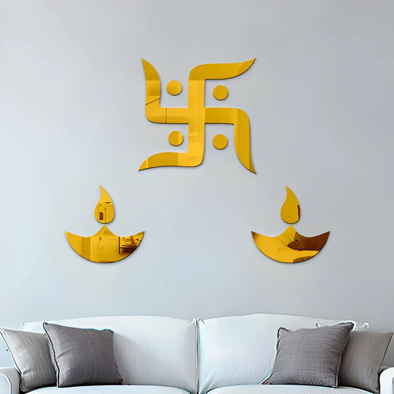Swastika and Diya Acrylic Wall Art Gold