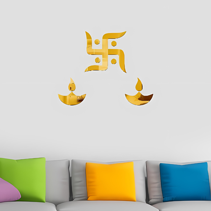 Arcdew - Golden Swastika and Diya Acrylic Wall Art | Acrylic