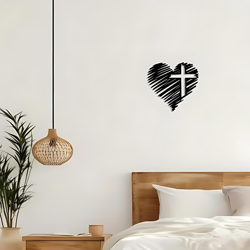 ArcDew Heart with Jesus Cross – Christian Home Decal & Christmas Decor UAE - arcdew.com - Black acrylic ArcDew heart wall decal with Jesus cross, modern Christian home decor.