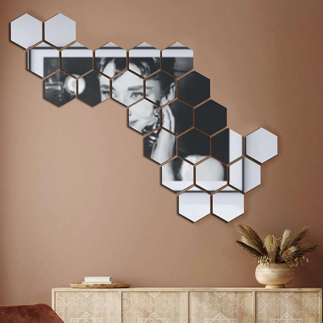 ArcDew Hexagon Acrylic Mirror Wall Decals Decor UAE - arcdew.com - ArcDew branded special acrylic hexagon mirror wall decals in silver, modern decorative set.