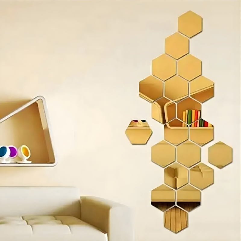 ArcDew Hexagon Acrylic Mirror Wall Decals Decor UAE - arcdew.com - ArcDew special branded gold hexagon acrylic mirror wall decals arranged vertically on beige wall above sofa.