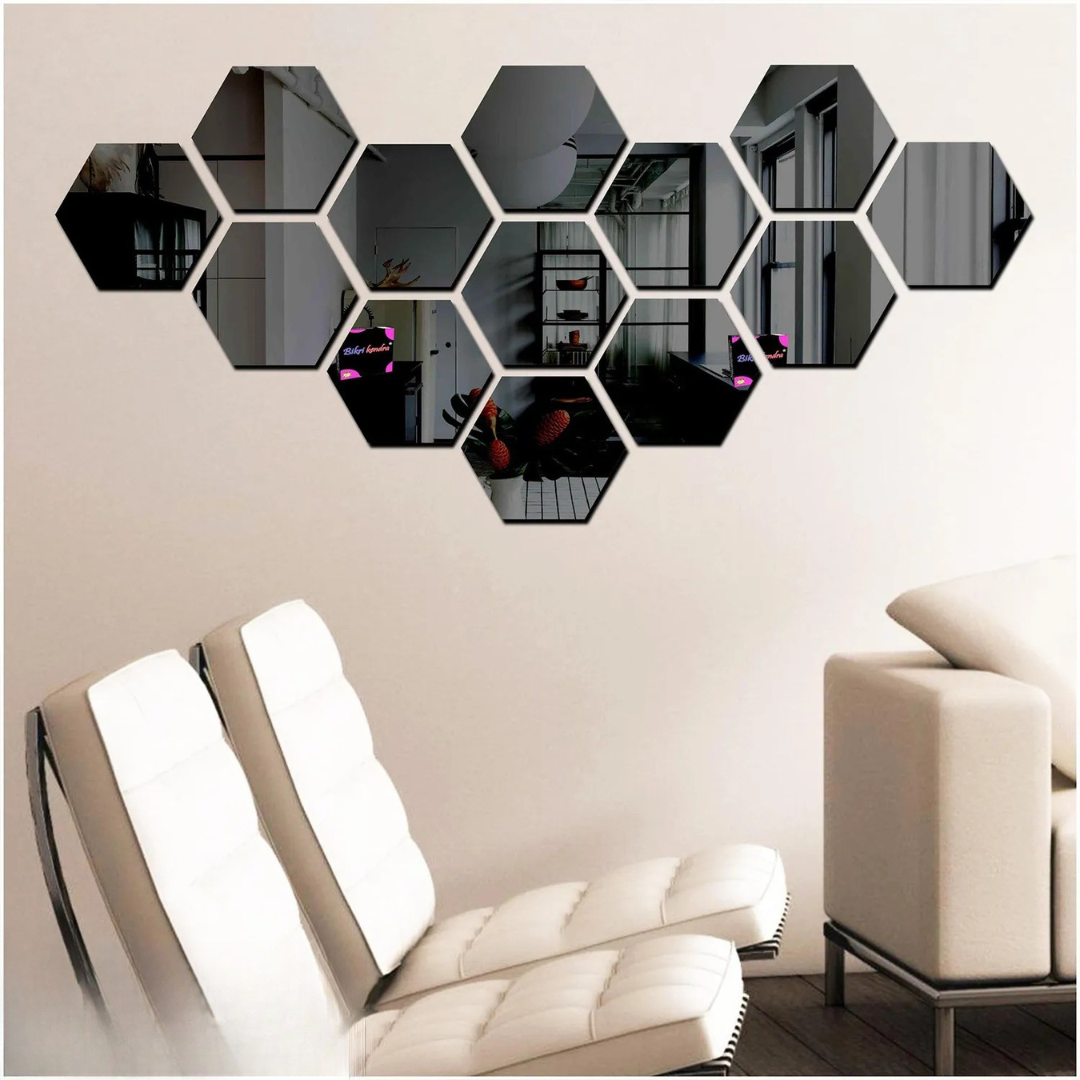 ArcDew Hexagon Acrylic Mirror Wall Decals Decor UAE - arcdew.com - ArcDew branded special acrylic hexagon mirror wall decals in silver, modern home decor set.