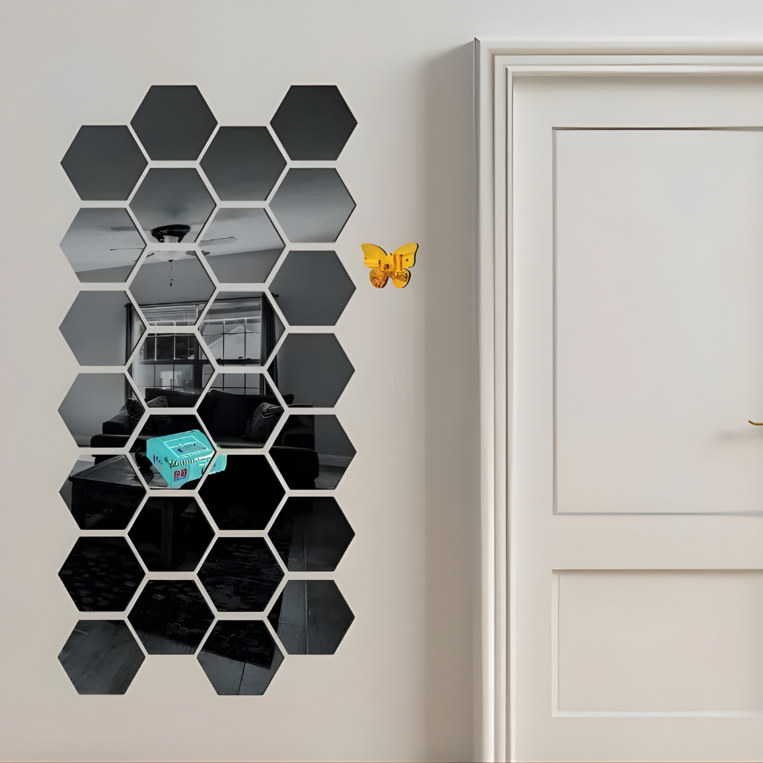 ArcDew Hexagon Acrylic Mirror Wall Decals Decor UAE - arcdew.com - ArcDew special branded acrylic hexagon mirror wall decals in black, modern geometric design.
