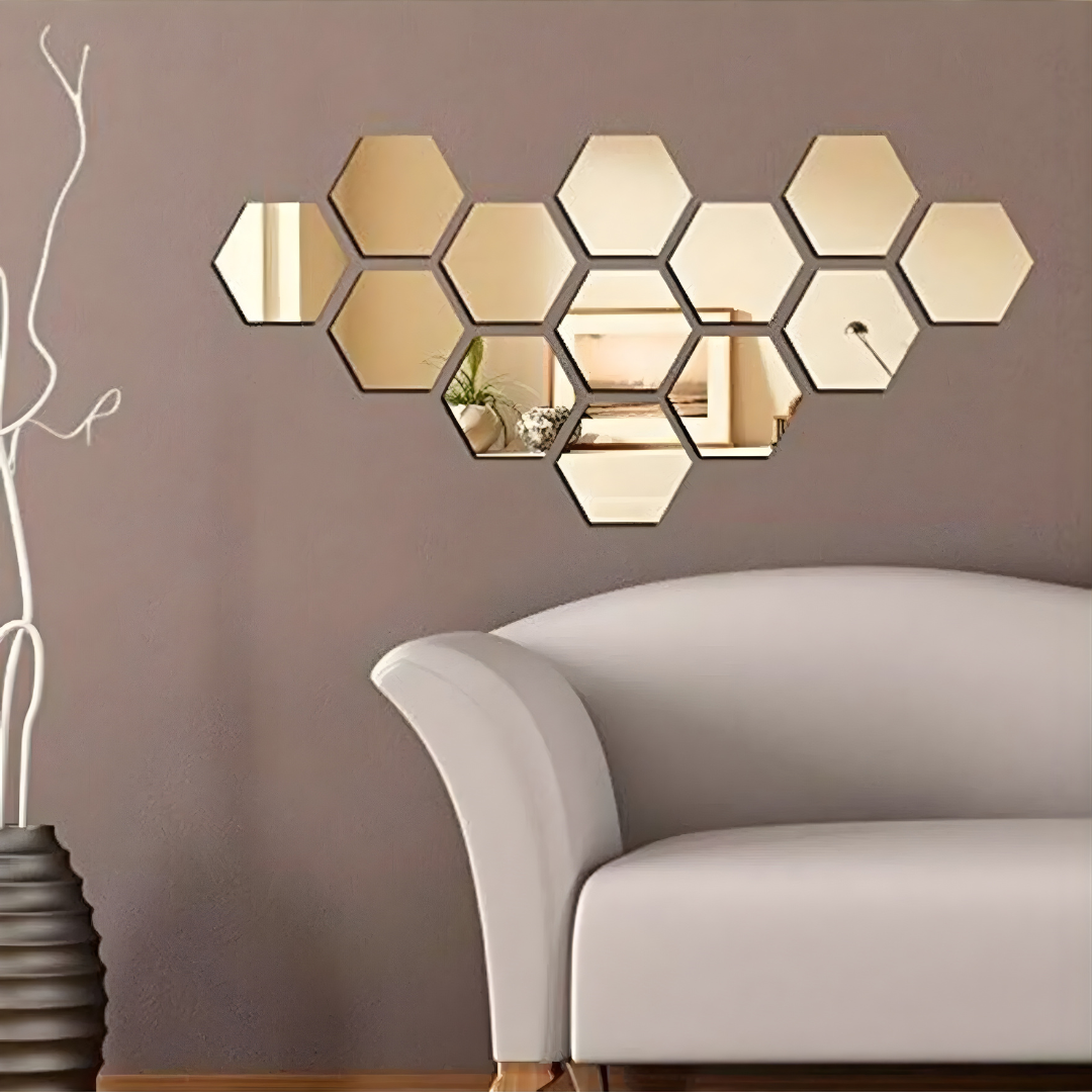 ArcDew Hexagon Acrylic Mirror Wall Decals Decor UAE - arcdew.com - ArcDew special branded hexagon acrylic mirror wall decals in gold finish on brown wall.