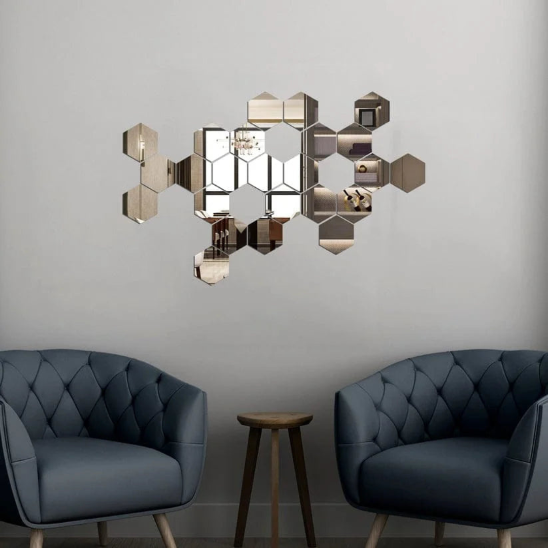 ArcDew Hexagon Acrylic Mirror Wall Decals Decor UAE - arcdew.com - ArcDew branded hexagon acrylic mirror wall decals in silver, modern geometric home decor.