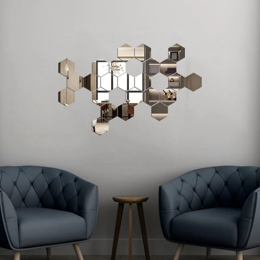 ArcDew Hexagon Acrylic Mirror Wall Decals Decor UAE - arcdew.com - ArcDew branded hexagon acrylic mirror wall decals in silver, modern geometric home decor.