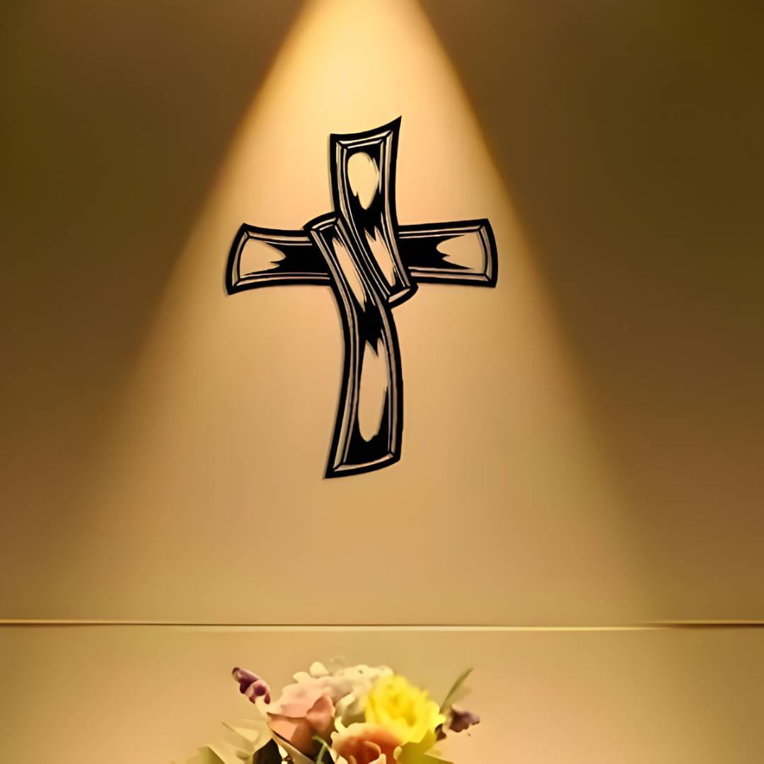 ArcDew Hollowed-Out Retro Jesus Cross – Christian Wall Decal UAE - arcdew.com - Black acrylic ArcDew branded hollowed-out retro Jesus cross wall decal lit by spotlight.