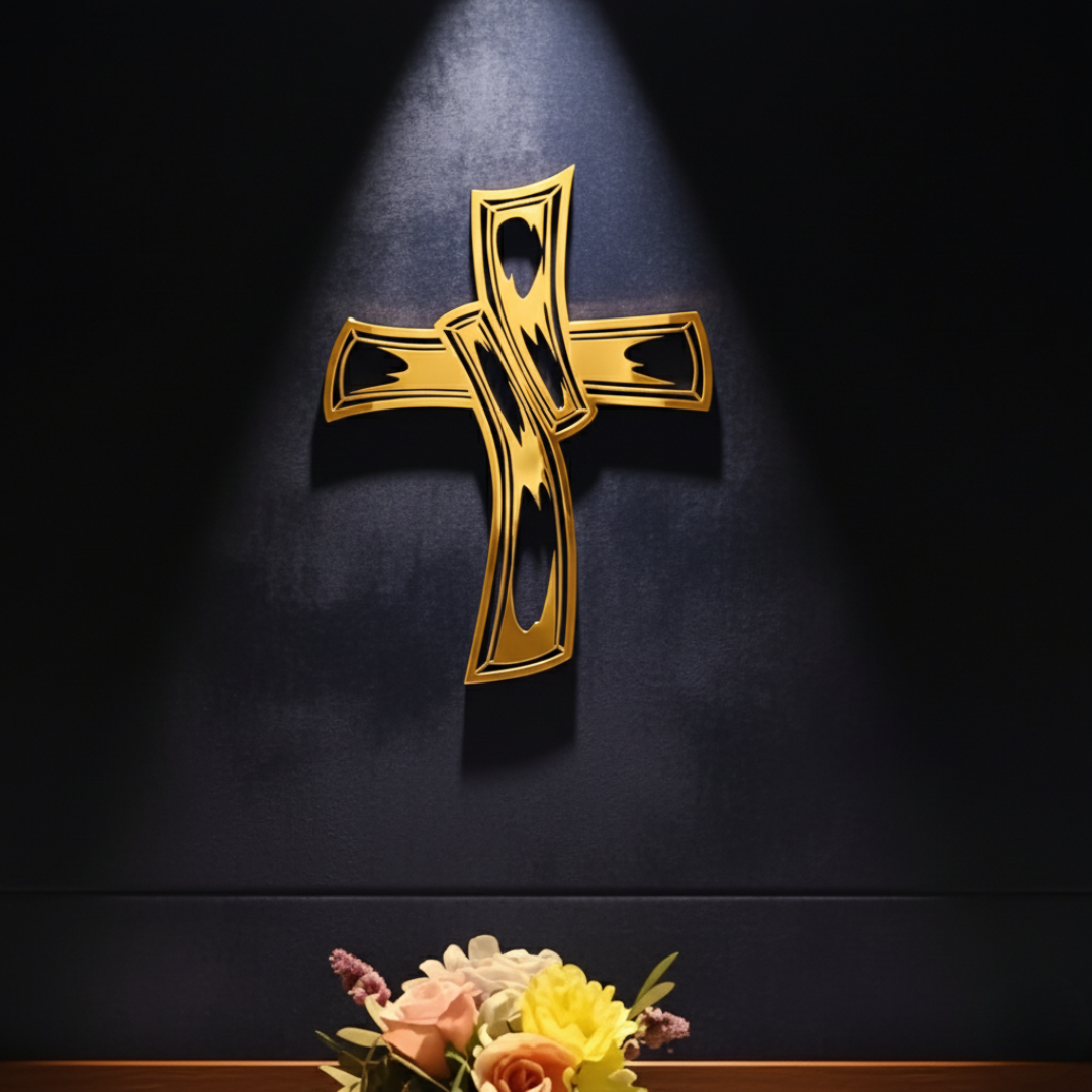 ArcDew Hollowed-Out Retro Jesus Cross – Christian Wall Decal UAE - arcdew.com - Gold ArcDew acrylic Jesus cross wall decal with hollowed-out retro design, special branded decor.