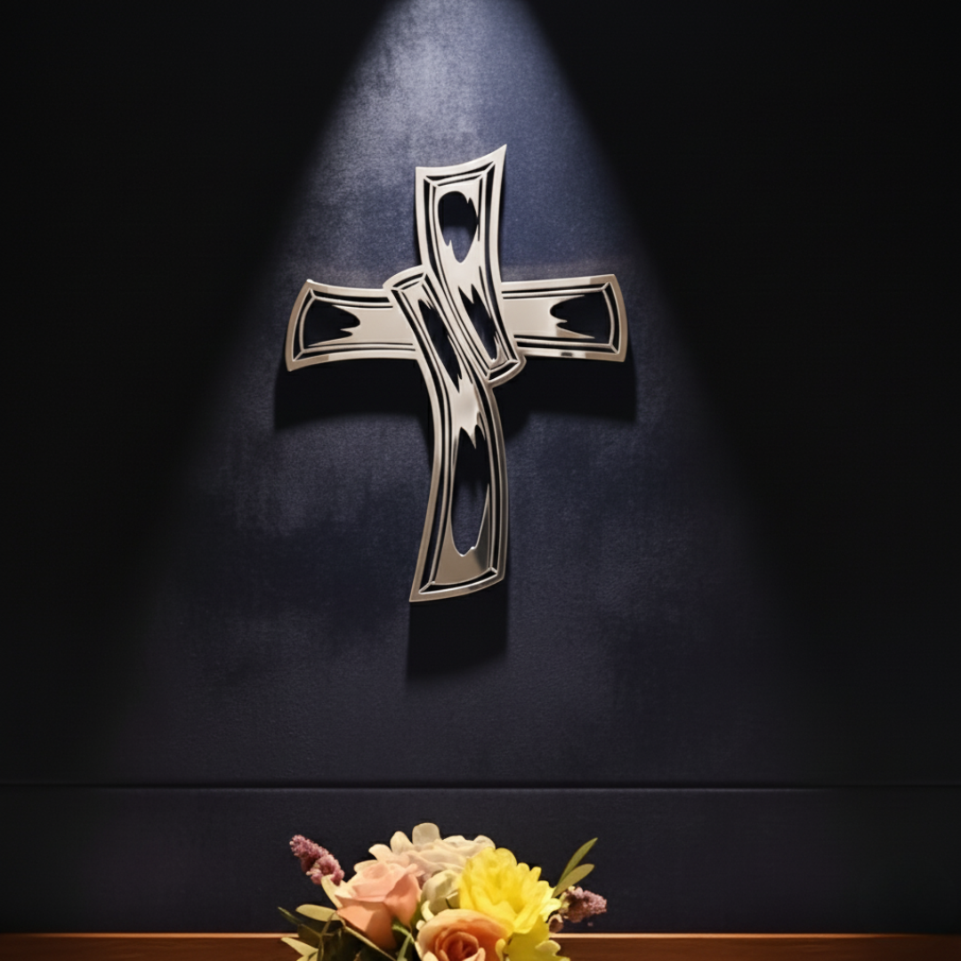 ArcDew Hollowed-Out Retro Jesus Cross – Christian Wall Decal UAE - arcdew.com - ArcDew branded silver acrylic hollowed-out retro Jesus cross wall decal with special curved design.