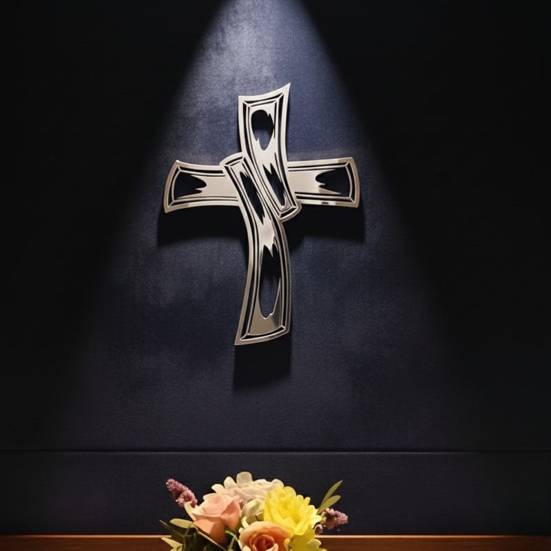 ArcDew Hollowed-Out Retro Jesus Cross – Christian Wall Decal UAE - arcdew.com - ArcDew branded silver acrylic hollowed-out retro Jesus cross wall decal with special curved design.