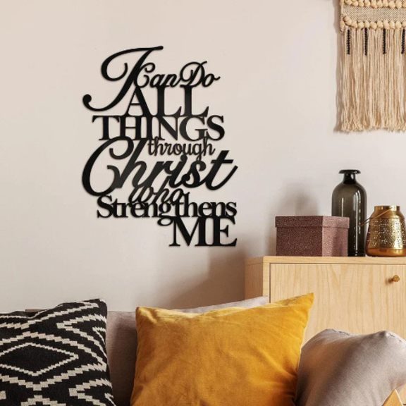 ArcDew – I Can Do All Things Through Christ Acrylic Wall Décor | Christian Home UAE - arcdew.com - Black ArcDew branded acrylic wall décor with "I can do all things through Christ who strengthens me" text in elegant script.