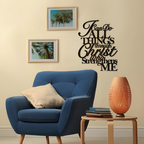 ArcDew – I Can Do All Things Through Christ Acrylic Wall Décor | Christian Home UAE - arcdew.com - ArcDew special branded black acrylic wall décor with "I Can Do All Things Through Christ" quote above blue armchair.