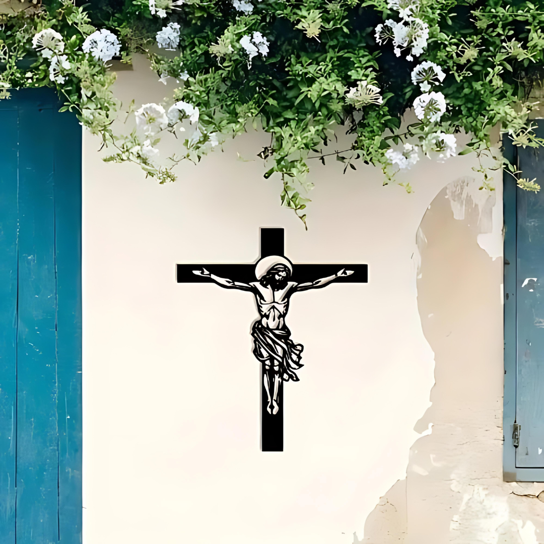ArcDew Jesus Christ and Cross – Christian Acrylic Wall Home Decal UAE - arcdew.com - ArcDew branded black acrylic Jesus Christ crucifix wall decal with detailed cross design.