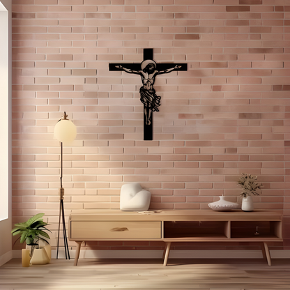 ArcDew Jesus Christ and Cross – Christian Acrylic Wall Home Decal UAE - arcdew.com - ArcDew special branded black acrylic Jesus Christ and cross wall decal on pink brick wall.