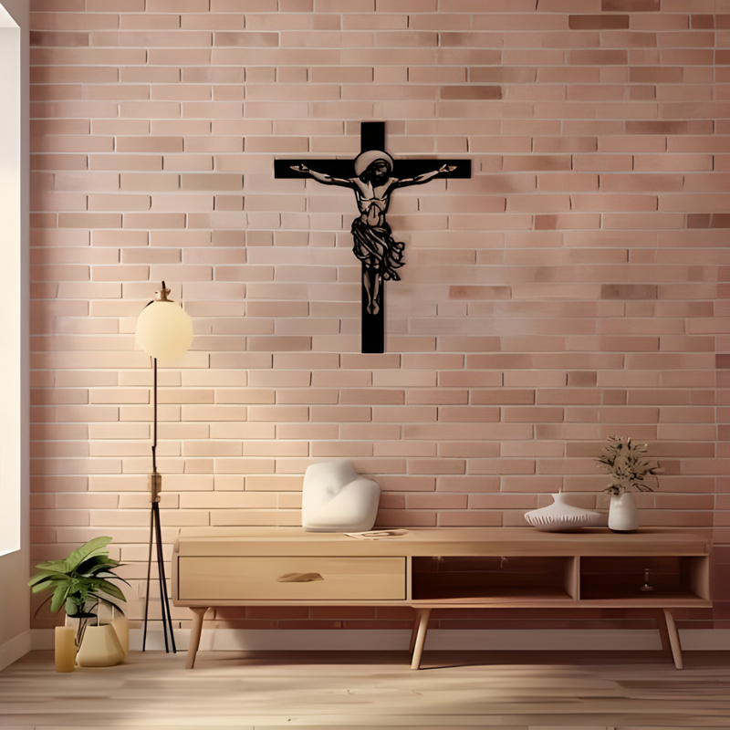 ArcDew Jesus Christ and Cross – Christian Acrylic Wall Home Decal UAE - arcdew.com - ArcDew special branded black acrylic Jesus Christ and cross wall decal on pink brick wall.