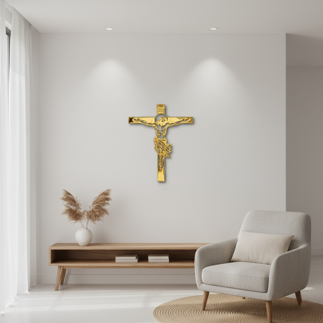 ArcDew Jesus Christ and Cross – Christian Acrylic Wall Home Decal UAE - arcdew.com - Gold acrylic ArcDew branded Jesus Christ and cross wall decal in modern living room.