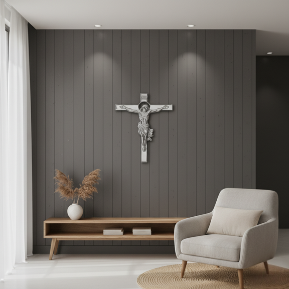 ArcDew Jesus Christ and Cross – Christian Acrylic Wall Home Decal UAE - arcdew.com - Silver acrylic ArcDew branded Jesus Christ and cross wall decal on dark gray panel wall.