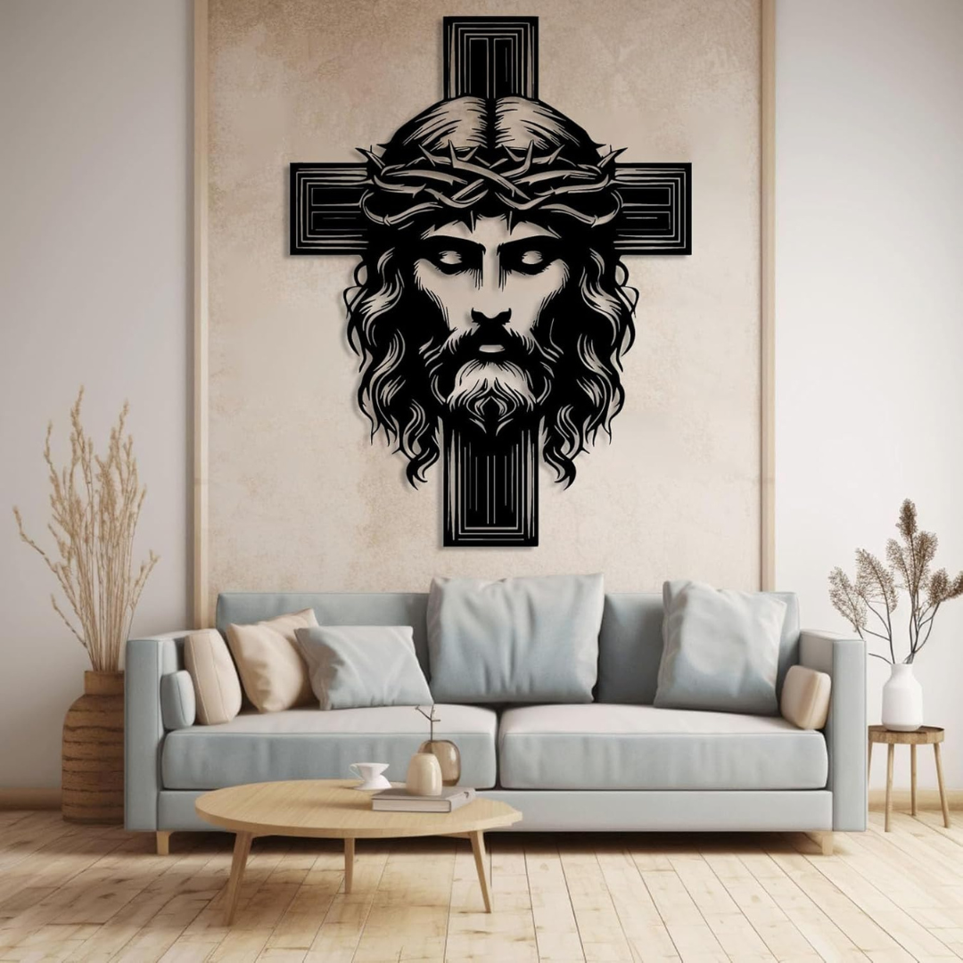 ArcDew Jesus Christ and Cross – Christian Home Wall Decal UAE - arcdew.com - Black ArcDew branded acrylic wall decal of Jesus Christ with crown on cross above sofa.