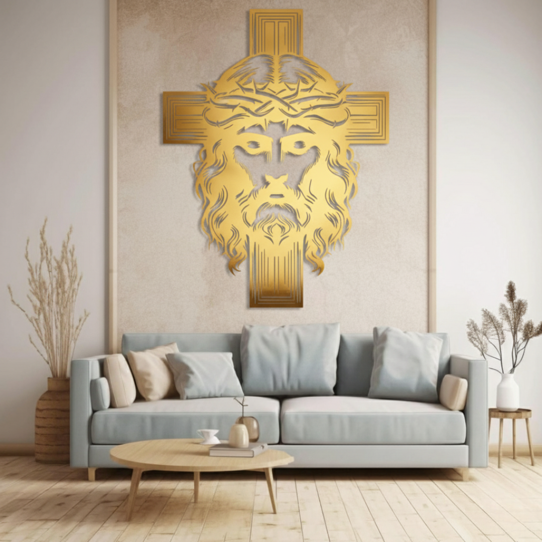 ArcDew Jesus Christ and Cross – Christian Home Wall Decal UAE - arcdew.com - Gold acrylic ArcDew branded Jesus Christ face and cross wall decal above sofa.
