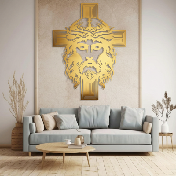 ArcDew Jesus Christ and Cross – Christian Home Wall Decal UAE - arcdew.com - Gold acrylic ArcDew branded Jesus Christ face and cross wall decal above sofa.
