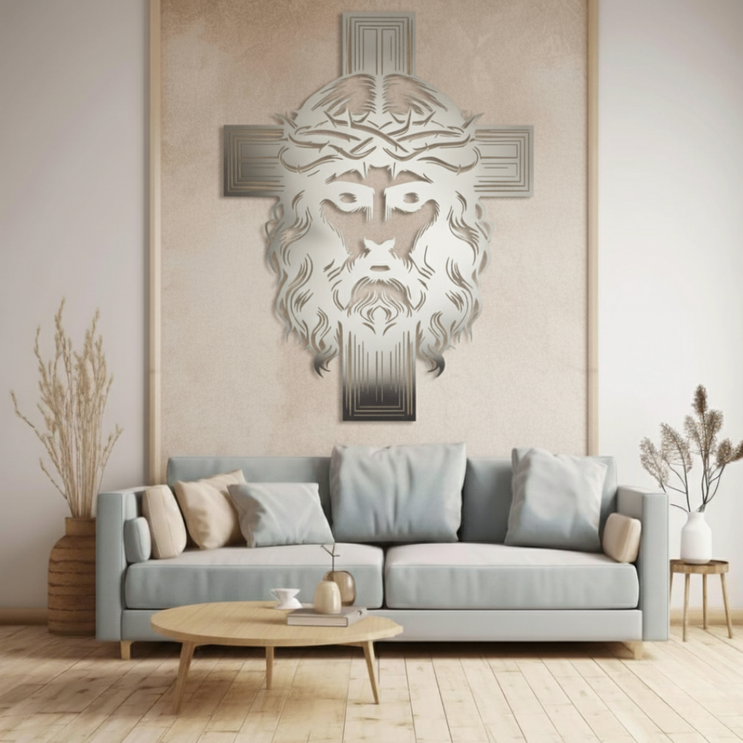 ArcDew Jesus Christ and Cross – Christian Home Wall Decal UAE - arcdew.com - Silver acrylic ArcDew branded Jesus Christ face with cross wall decal above sofa.