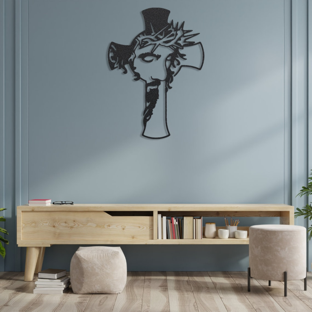ArcDew Jesus Christ and Cross – Christmas Wall Decor UAE - arcdew.com - ArcDew branded black acrylic Jesus Christ and cross wall decor with crown of thorns.