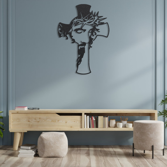 ArcDew Jesus Christ and Cross – Christmas Wall Decor UAE - arcdew.com - ArcDew branded black acrylic Jesus Christ and cross wall decor with crown of thorns.