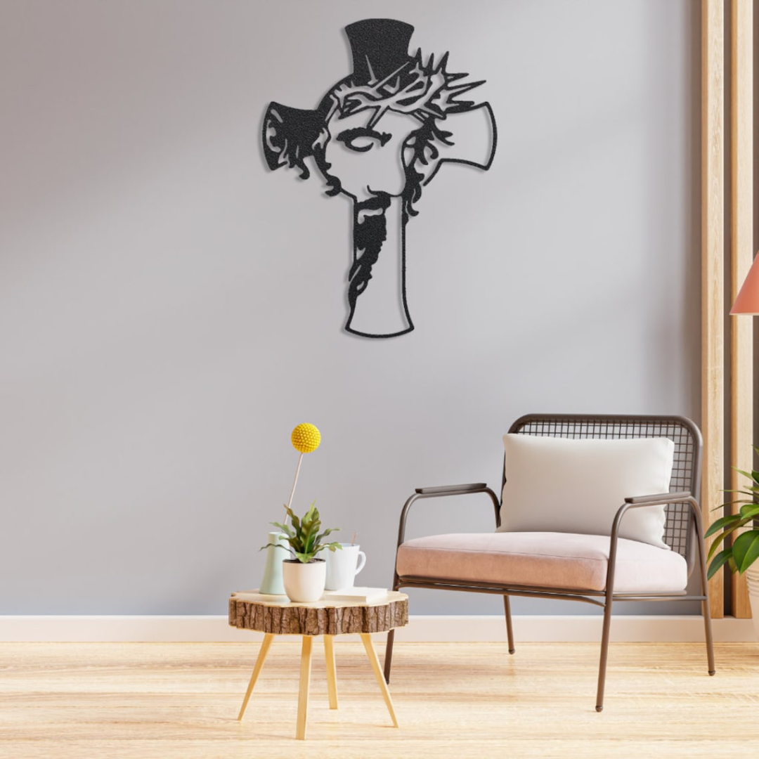 ArcDew Jesus Christ and Cross – Christmas Wall Decor UAE - arcdew.com - ArcDew special branded black acrylic Jesus Christ cross wall decor in modern room setting.