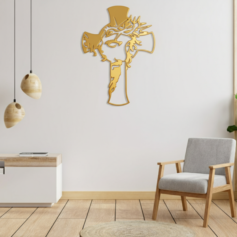 ArcDew Jesus Christ and Cross – Christmas Wall Decor UAE - arcdew.com - Gold acrylic ArcDew Jesus Christ and cross wall decor with intricate cutout design.