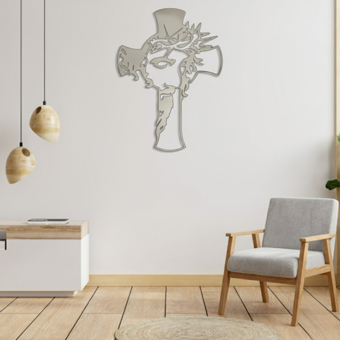 ArcDew Jesus Christ and Cross – Christmas Wall Decor UAE - arcdew.com - Silver ArcDew acrylic wall decor featuring Jesus Christ and cross in modern branded style.