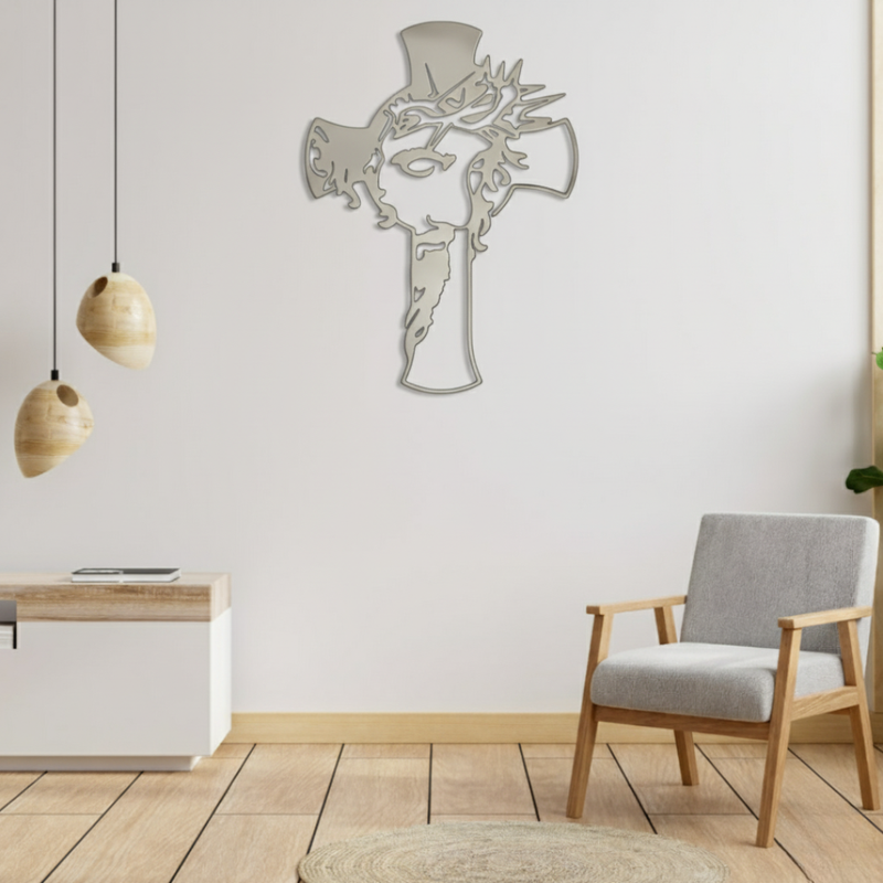 ArcDew Jesus Christ and Cross – Christmas Wall Decor UAE - arcdew.com - Silver ArcDew acrylic wall decor featuring Jesus Christ and cross in modern branded style.