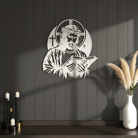 ArcDew Jesus Christ with Book – Christian Home Wall Decal UAE - arcdew.com - ArcDew branded acrylic silver Jesus Christ wall decal with book, special Christian home decor.