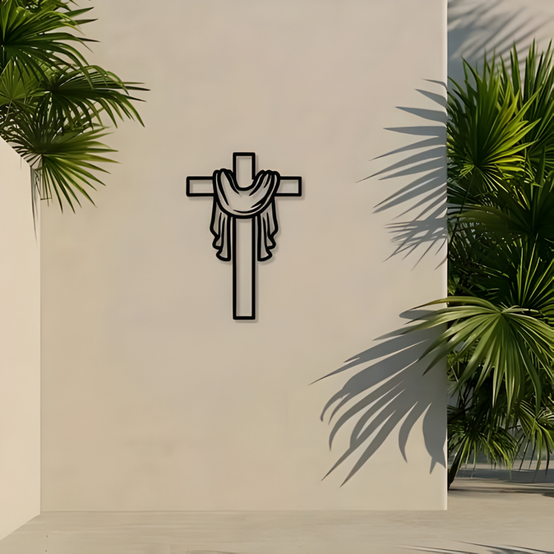 ArcDew Jesus Cross – Christian Home Decal & Christmas Decoration UAE - arcdew.com - Branded ArcDew acrylic Jesus cross wall decal with draped cloth, minimalist black design.