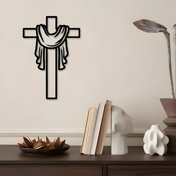 ArcDew Jesus Cross – Christian Home Decal & Christmas Decoration UAE - arcdew.com - ArcDew branded black acrylic Jesus cross wall decal with draped cloth, modern Christian decor.