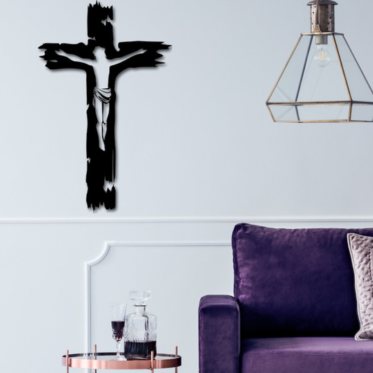 ArcDew Jesus Cross – Christian Home Decor & Baptism | Christmas Gift UAE - arcdew.com - Black ArcDew branded acrylic Jesus cross wall decor with modern brushstroke design.
