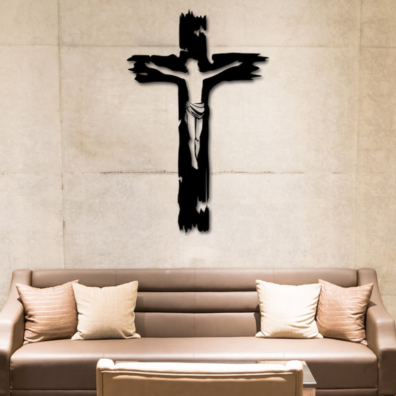 ArcDew Jesus Cross – Christian Home Decor & Baptism | Christmas Gift UAE - arcdew.com - Black ArcDew branded acrylic Jesus cross wall decor above beige sofa.