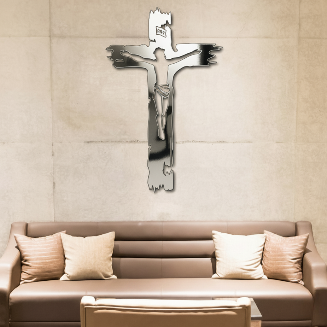 ArcDew Jesus Cross – Christian Home Decor & Baptism | Christmas Gift UAE - arcdew.com - Silver acrylic ArcDew Jesus Cross wall decoration above modern sofa.