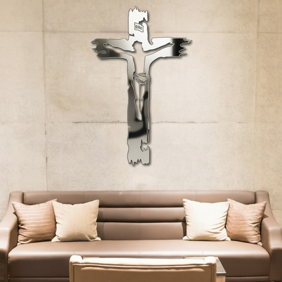 ArcDew Jesus Cross – Christian Home Decor & Baptism | Christmas Gift UAE - arcdew.com - Silver acrylic ArcDew Jesus Cross wall decoration above modern sofa.