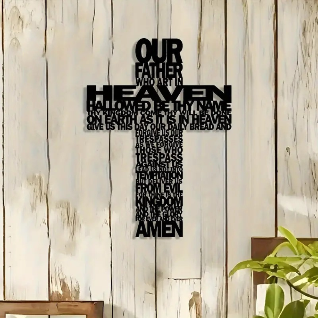 ArcDew Jesus Cross with Prayer – Christmas Gift Wall Decor UAE - arcdew.com - Black ArcDew branded acrylic Jesus cross wall decor featuring the Lord's Prayer text.