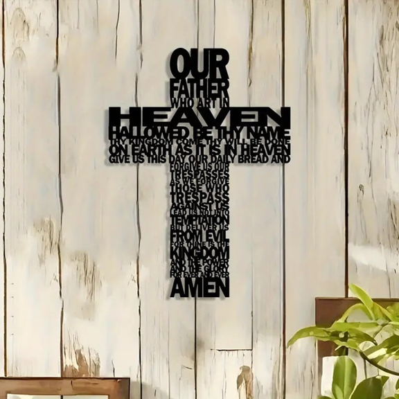 ArcDew Jesus Cross with Prayer – Christmas Gift Wall Decor UAE - arcdew.com - Black ArcDew branded acrylic Jesus cross wall decor featuring the Lord's Prayer text.