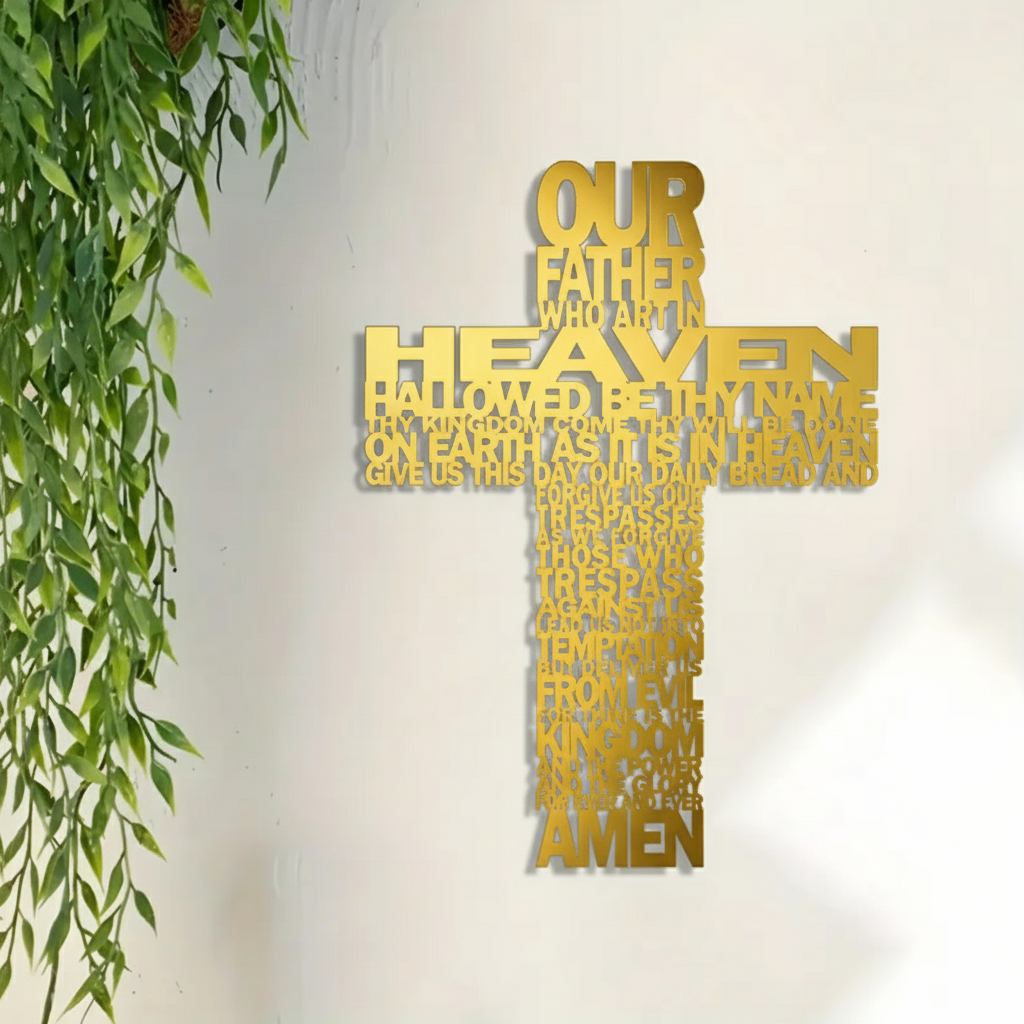 ArcDew Jesus Cross with Prayer – Christmas Gift Wall Decor UAE - arcdew.com - Gold acrylic ArcDew branded cross wall decor with etched Lord’s Prayer text.