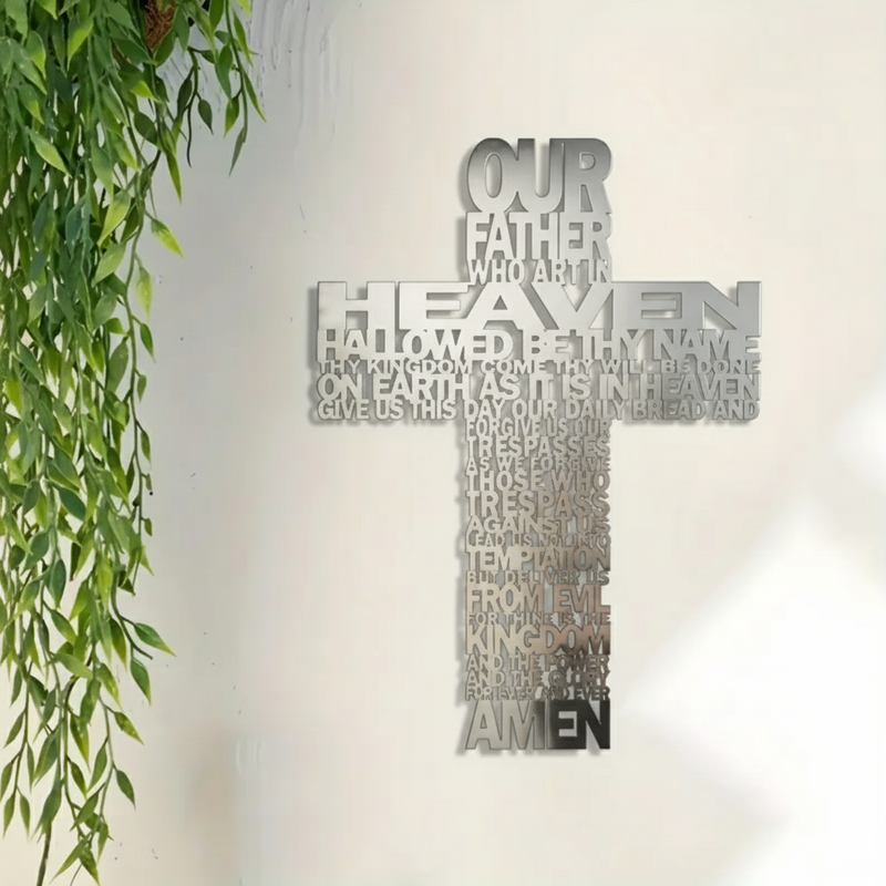 ArcDew Jesus Cross with Prayer – Christmas Gift Wall Decor UAE - arcdew.com - ArcDew branded acrylic wall cross with Our Father prayer in silver finish, modern decor.