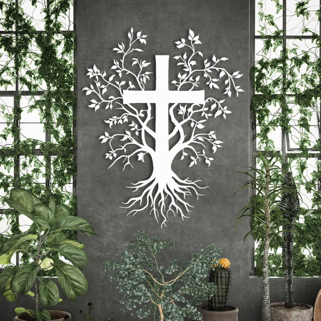 ArcDew Jesus Cross with Tree – Christmas Gift & Christian Wall Decal UAE - arcdew.com - Silver ArcDew acrylic Jesus cross with tree roots and branches wall decal on gray background.