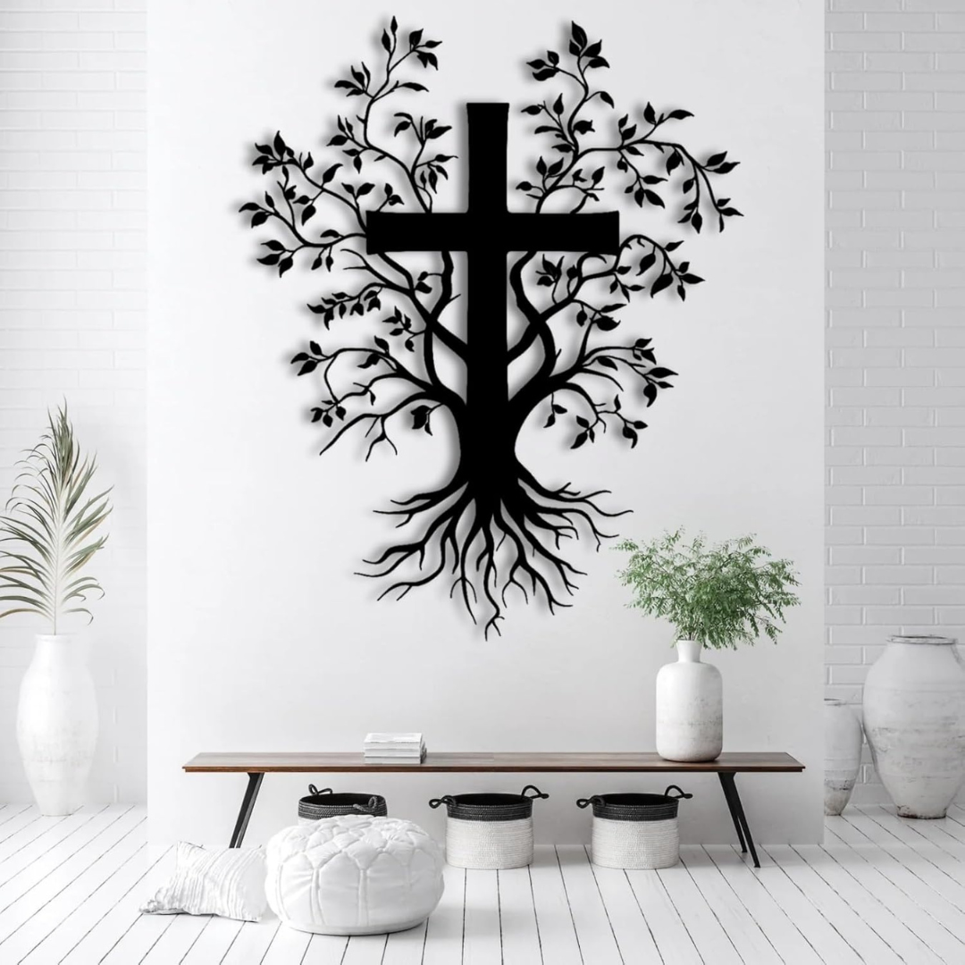 ArcDew Jesus Cross with Tree – Christmas Gift & Christian Wall Decal UAE - arcdew.com - ArcDew branded acrylic black Jesus cross with tree design wall decal, 35x120 cm, special Christian decor.