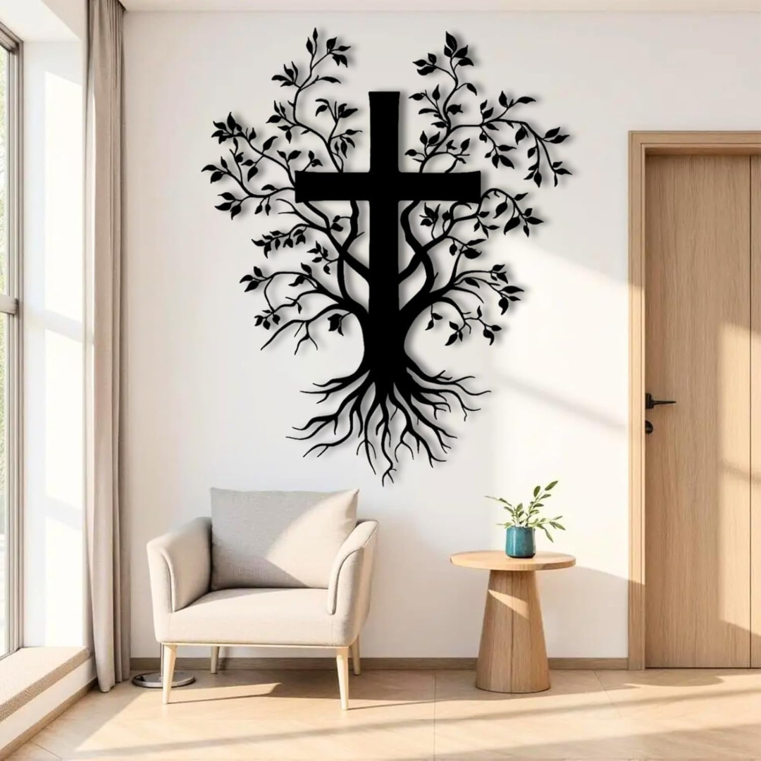 ArcDew Jesus Cross with Tree – Christmas Gift & Christian Wall Decal UAE - arcdew.com - ArcDew black acrylic Jesus cross with tree design branded wall decal above armchair.