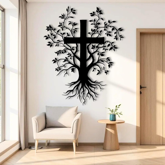 ArcDew Jesus Cross with Tree – Christmas Gift & Christian Wall Decal UAE - arcdew.com - ArcDew black acrylic Jesus cross with tree design branded wall decal above armchair.