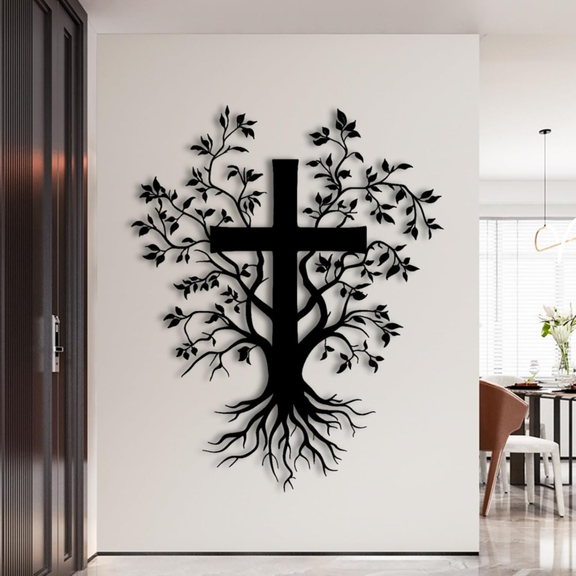 ArcDew Jesus Cross with Tree – Christmas Gift & Christian Wall Decal UAE - arcdew.com - Black acrylic ArcDew wall decal featuring a Jesus cross with tree branches and roots design.
